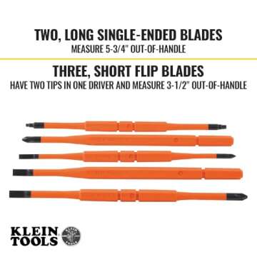 Klein Tools 32288 Insulated Screwdriver, 8-in-1 Screwdriver Set with Interchangeable Blades, 3 Phillips, 3 Slotted and 2 Square Tips