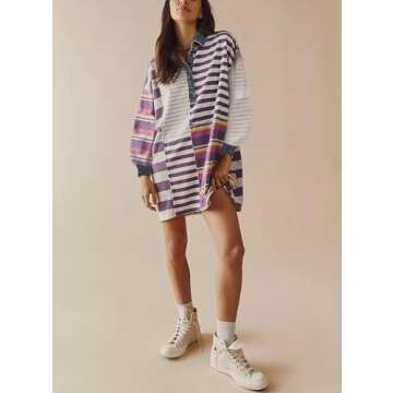 Women Sweatshirt Dress Y2k Striped Pullover Tops Colorblock Hoodie Dresses Button Oversized Sweatshirts Fall Fashion, Purple, Large