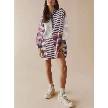 Women Sweatshirt Dress Y2k Striped Pullover Tops Colorblock Hoodie Dresses Button Oversized Sweatshirts Fall Fashion, Purple, Large