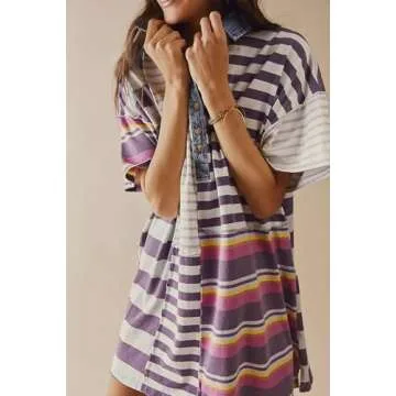 Women Sweatshirt Dress Y2k Striped Pullover Tops Colorblock Hoodie Dresses Button Oversized Sweatshirts Fall Fashion, Purple, Large