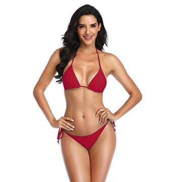 SHERRYLO Thong Bikini Two Pieces Bathing Suit for Women Triangle Top Brazilian Bottom S-XL Body (Wine Red, One Size)