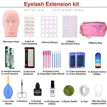 False Eyelash Extension kit, MYSWEETY 19PCS Professional Eyelashes Kit with Flat Mannequin Head, Lash Practice Kit Eyelash Grafting Training Tool Kit for Beginners Makeup Practice Eye Lashes Graft