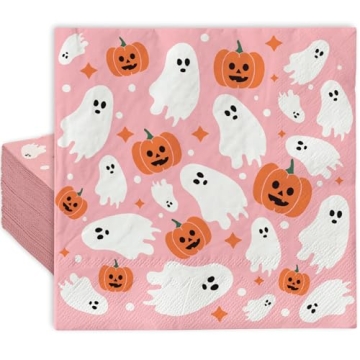 AnyDesign 80 Pack Pink Halloween Paper Napkins Cute Ghost Pumpkin Disposable Luncheon Dinner Napkins...