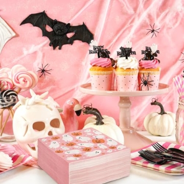 AnyDesign 80 Pack Pink Halloween Paper Napkins Cute Ghost Pumpkin Disposable Luncheon Dinner Napkins Decorative Party Napkins for Home Kitchen Bathroom Holiday Party Supplies, 6.5 x 6.5 Inch
