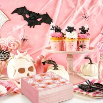 AnyDesign 80 Pack Pink Halloween Paper Napkins Cute Ghost Pumpkin Disposable Luncheon Dinner Napkins Decorative Party Napkins for Home Kitchen Bathroom Holiday Party Supplies, 6.5 x 6.5 Inch