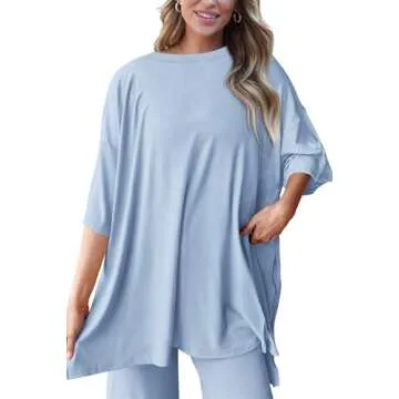 PRETTYGARDEN Women's 2 Piece Outfits Casual Short Sleeve Pullover Tops and Wide Leg Pants Lounge Sets Tracksuits (Light Blue,Medium)