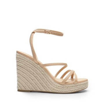 DREAM PAIRS Strappy Espadrille Platform Wedge Sandals for Women Dressy Summer, Comfortable Open Toe Sandals with Cushioned Insole and Ankle Strap Buckle,Size 7.5,Nude,SDPW2421W