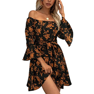 JECEIKA Women's Off Shoulder Dress Ruffle Floral Fall Wedding Guest Dresses 2025 A Line Tied Belted ...