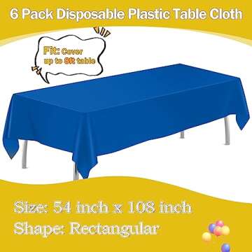 tujol Royal Blue 6 Pack Plastic Table Cloth 54" x 108" - Durable, Easy to Use