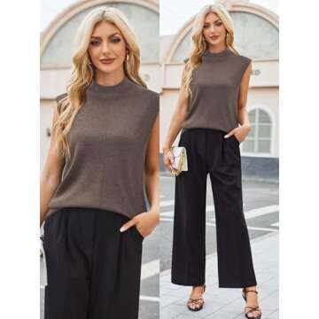 Arach&Cloz Womens Spring Winter 2025 Sweater Vest Business Casual Outfits Work Tank Tops Mock Neck Sleeveless Turtleneck Cashmere Knit Dressy Clothes Coffee Brown