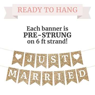 Pre-Strung Just Married Banner - No DIY - Gold Glitter Wedding Party Banner - Pre-Strung Garland on 6 ft Strands - Gold Wedding Reception Party or Car Decorations & Decor. Did We Mention No DIY