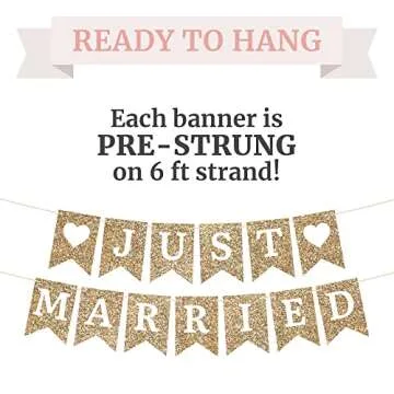Pre-Strung Just Married Banner - No DIY - Gold Glitter Wedding Party Banner - Pre-Strung Garland on 6 ft Strands - Gold Wedding Reception Party or Car Decorations & Decor. Did We Mention No DIY