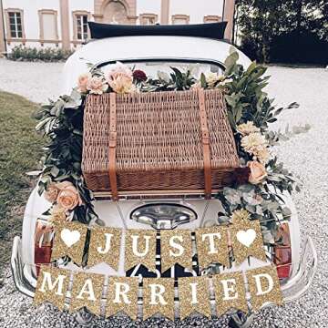 Pre-Strung Just Married Banner - No DIY - Gold Glitter Wedding Party Banner - Pre-Strung Garland on 6 ft Strands - Gold Wedding Reception Party or Car Decorations & Decor. Did We Mention No DIY