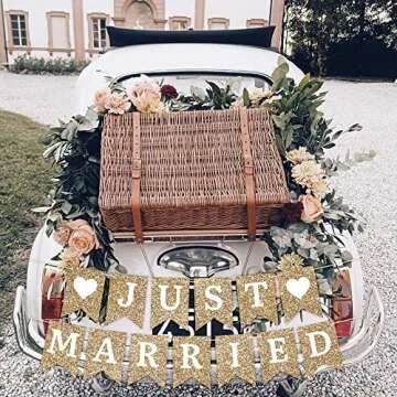 Pre-Strung Just Married Banner - No DIY - Gold Glitter Wedding Party Banner - Pre-Strung Garland on 6 ft Strands - Gold Wedding Reception Party or Car Decorations & Decor. Did We Mention No DIY
