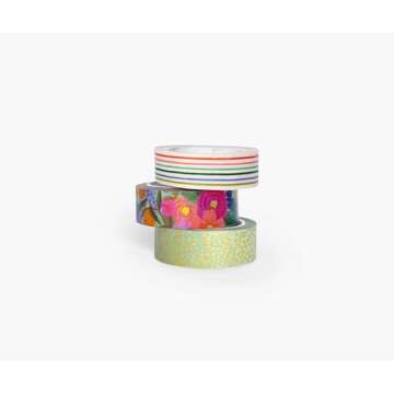 RIFLE PAPER CO. Garden Party Paper Tape, 393" L x 0.62" W, Set of 3 Coordinating Patterns, Adhesive Paper Tape, Printed in Full Color, Add Decorative Accents to Gift Wrap