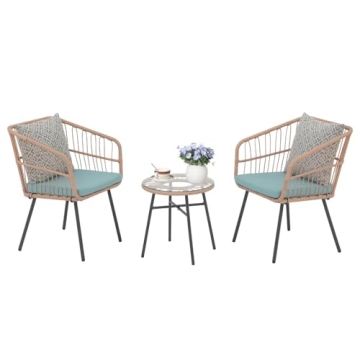 Super Patio 3 Piece Patio Set, Outdoor Furniture Wicker Bistro Set Rattan Chair Conversation Sets with Coffee Table and Cushions, Turquoise/Gray