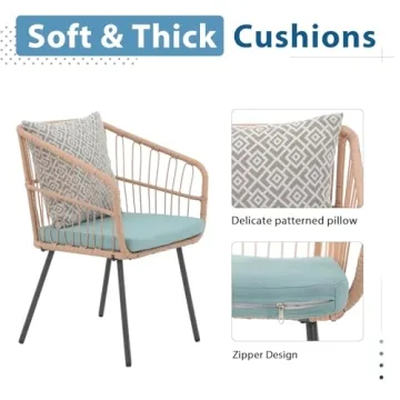 Super Patio 3 Piece Patio Set, Outdoor Furniture Wicker Bistro Set Rattan Chair Conversation Sets with Coffee Table and Cushions, Turquoise/Gray