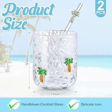 Skylety 2 Set Coconut Tree Icon Juice Glass Cups - Icon Glass Cup with 2 Straw 14 oz Double Old Fash...