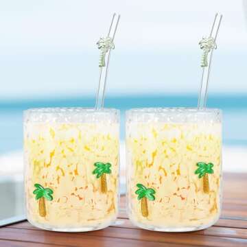 Skylety Coconut Tree Glass Cup Set with Straws - 14 oz