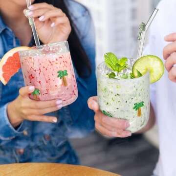 Skylety Coconut Tree Glass Cup Set with Straws - 14 oz