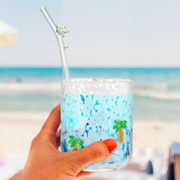 Skylety Coconut Tree Glass Cup Set with Straws - 14 oz