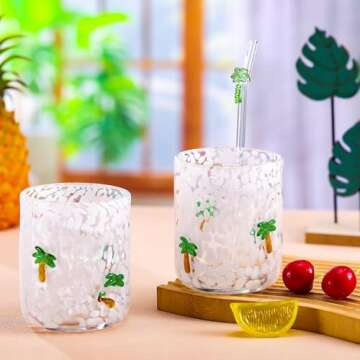 Skylety Coconut Tree Glass Cup Set with Straws - 14 oz