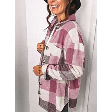 SHEWIN Women's Flannel Shirts Long Sleeve Plaid Lapel Casual Button Up Shacket Jacket Coats with Poc...