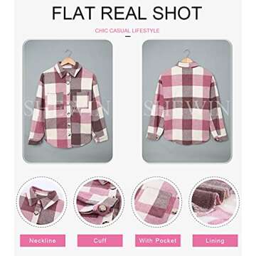 SHEWIN Women's Plaid Flannel Long Sleeve Button Up Shirt