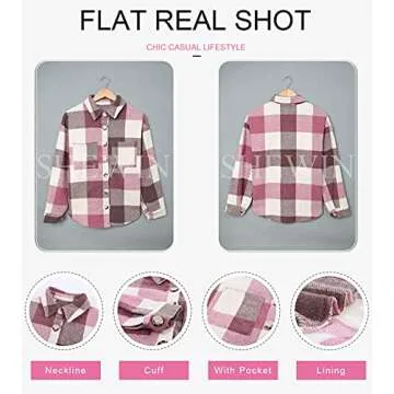 SHEWIN Women's Plaid Flannel Long Sleeve Button Up Shirt