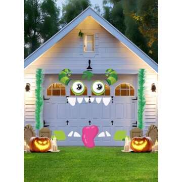 Noiclub Halloween Cute Green Monster Face Trunk Or Treat Car Decorations Kits For SUV Outdoor, Adorable Big Eyes,Gaping Mouth,Cow-like Horns For Car Garage Door Entryway Archway Decor, 2 Green Ribbons