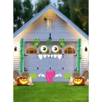 Noiclub Halloween Cute Green Monster Face Trunk Or Treat Car Decorations Kits For SUV Outdoor, Adorable Big Eyes,Gaping Mouth,Cow-like Horns For Car Garage Door Entryway Archway Decor, 2 Green Ribbons