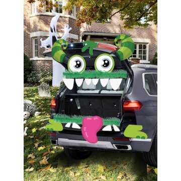 Noiclub Halloween Cute Green Monster Face Trunk Or Treat Car Decorations Kits For SUV Outdoor, Adorable Big Eyes,Gaping Mouth,Cow-like Horns For Car Garage Door Entryway Archway Decor, 2 Green Ribbons