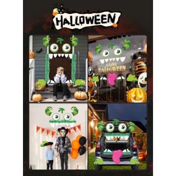 Noiclub Halloween Cute Green Monster Face Trunk Or Treat Car Decorations Kits For SUV Outdoor, Adorable Big Eyes,Gaping Mouth,Cow-like Horns For Car Garage Door Entryway Archway Decor, 2 Green Ribbons