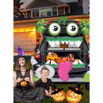 Noiclub Halloween Cute Green Monster Face Trunk Or Treat Car Decorations Kits For SUV Outdoor, Adorable Big Eyes,Gaping Mouth,Cow-like Horns For Car Garage Door Entryway Archway Decor, 2 Green Ribbons