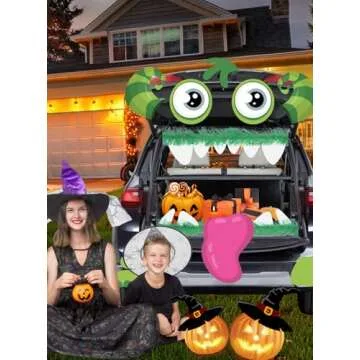 Noiclub Halloween Cute Green Monster Face Trunk Or Treat Car Decorations Kits For SUV Outdoor, Adorable Big Eyes,Gaping Mouth,Cow-like Horns For Car Garage Door Entryway Archway Decor, 2 Green Ribbons