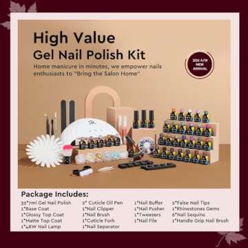 MEFA 56 Pcs Gel Nail Polish Kit with U V Light, 32 Colors Burgundy Glitter Gel Nail Polish Set with Base Top Coat Nail Art Decorations Home Salon Manicure Tools Valentines Gifts for Women