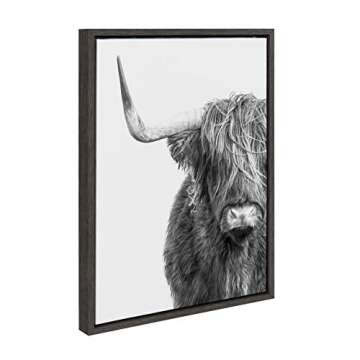 Kate and Laurel Sylvie Highland Cow Black and White Portrait Framed Canvas by Amy Peterson, 18x24 Gr...
