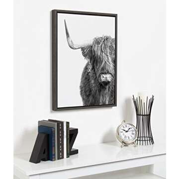 Kate and Laurel Sylvie Highland Cow Black and White Portrait Framed Canvas by Amy Peterson, 18x24 Gray, Adorable Wall Decor for Living Room, Nursery