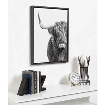 Kate and Laurel Sylvie Highland Cow Black and White Portrait Framed Canvas by Amy Peterson, 18x24 Gray, Adorable Wall Decor for Living Room, Nursery