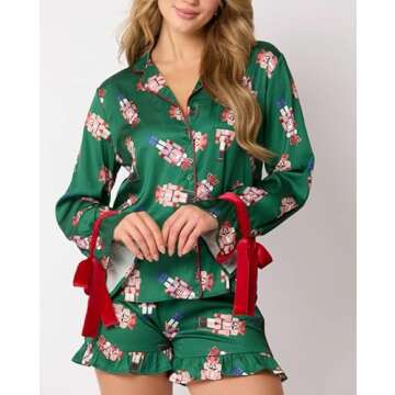Argeousgor Women 2 Piece Pajamas Set Bow Tie Button Long Sleeve Shirts Ruffle Shorts Cute Pjs Sets S...