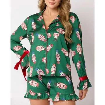 Argeousgor Women 2 Piece Pajamas Set Bow Tie Button Long Sleeve Shirts Ruffle Shorts Cute Pjs Sets Sleepwear S