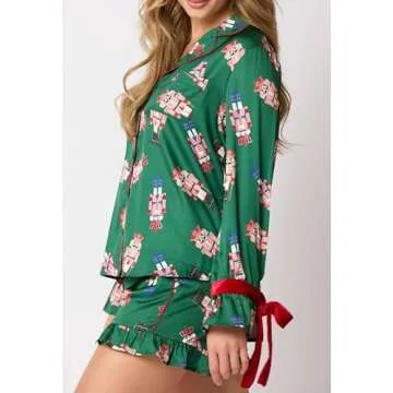 Argeousgor Women 2 Piece Pajamas Set Bow Tie Button Long Sleeve Shirts Ruffle Shorts Cute Pjs Sets Sleepwear S