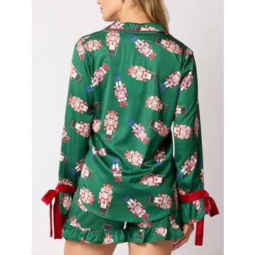 Argeousgor Women 2 Piece Pajamas Set Bow Tie Button Long Sleeve Shirts Ruffle Shorts Cute Pjs Sets Sleepwear S