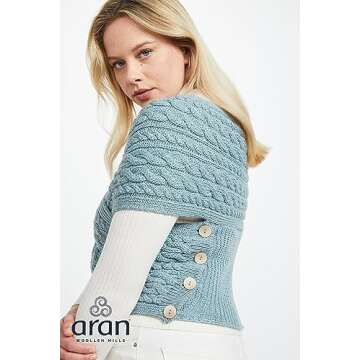 Aran Woollen Mills Women's Aran Cable Crossover Wrap Sweater 100% Merino Wool V-Neck with Buttons (M...