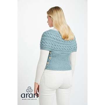 Aran Woollen Mills Women's Aran Cable Crossover Wrap Sweater 100% Merino Wool V-Neck with Buttons (Medium)
