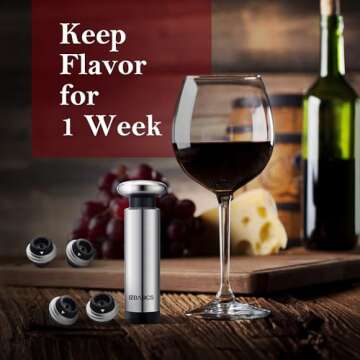 EZBASICS Wine Stoppers Wine Saver Pump with Wine Bottle Stoppers, 1 Pack Stainless Steel Pump+ 4 Wine Bottle Stoppers