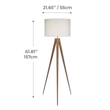 Teamson Home 61.81 in. Postmodern Tripod Floor Lamp with Foot Switch, Minimalist Lighting Option for Ambient, Accent, or Reading, Faux Natural Wood Grain Finish and White Drum Shade