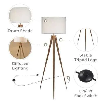 Teamson Home 61.81 in. Postmodern Tripod Floor Lamp with Foot Switch, Minimalist Lighting Option for Ambient, Accent, or Reading, Faux Natural Wood Grain Finish and White Drum Shade