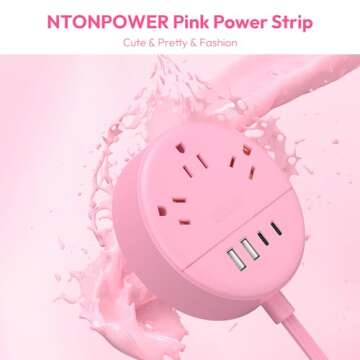 NTONPOWER Pink Power Strip, 5ft Extension Cord, 3 AC Outlets & 2 USB C & 2 USB A, Flat Extension Cord, Wall Mount, Flat Plug Power Strip for Home, Dorm, Vanity Desk, Nightstand, Women Travel Essential