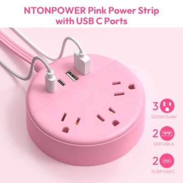 NTONPOWER Pink Power Strip, 5ft Extension Cord, 3 AC Outlets & 2 USB C & 2 USB A, Flat Extension Cord, Wall Mount, Flat Plug Power Strip for Home, Dorm, Vanity Desk, Nightstand, Women Travel Essential